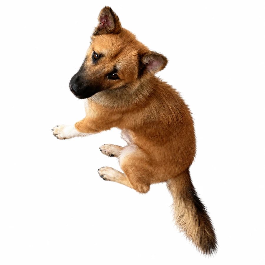 A brown dog with white paws, seated and looking up.
