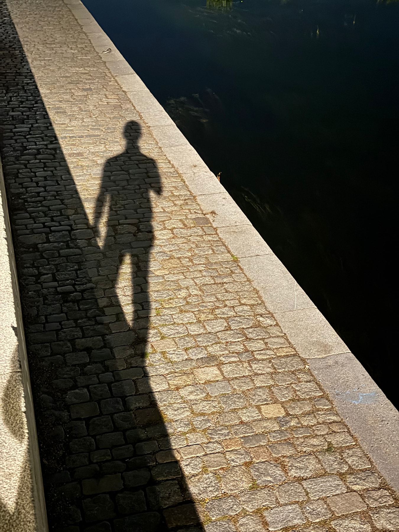 A person's long shadow falls across a sunlit cobblestone path beside dark water.