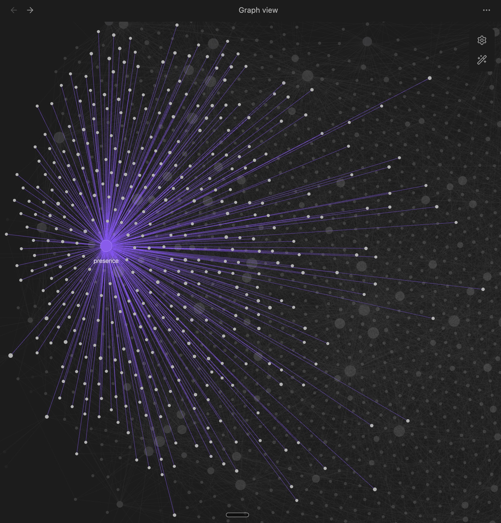 A graph of interconnected notes: hundreds of purple lines radiate from the node labeled presence.
