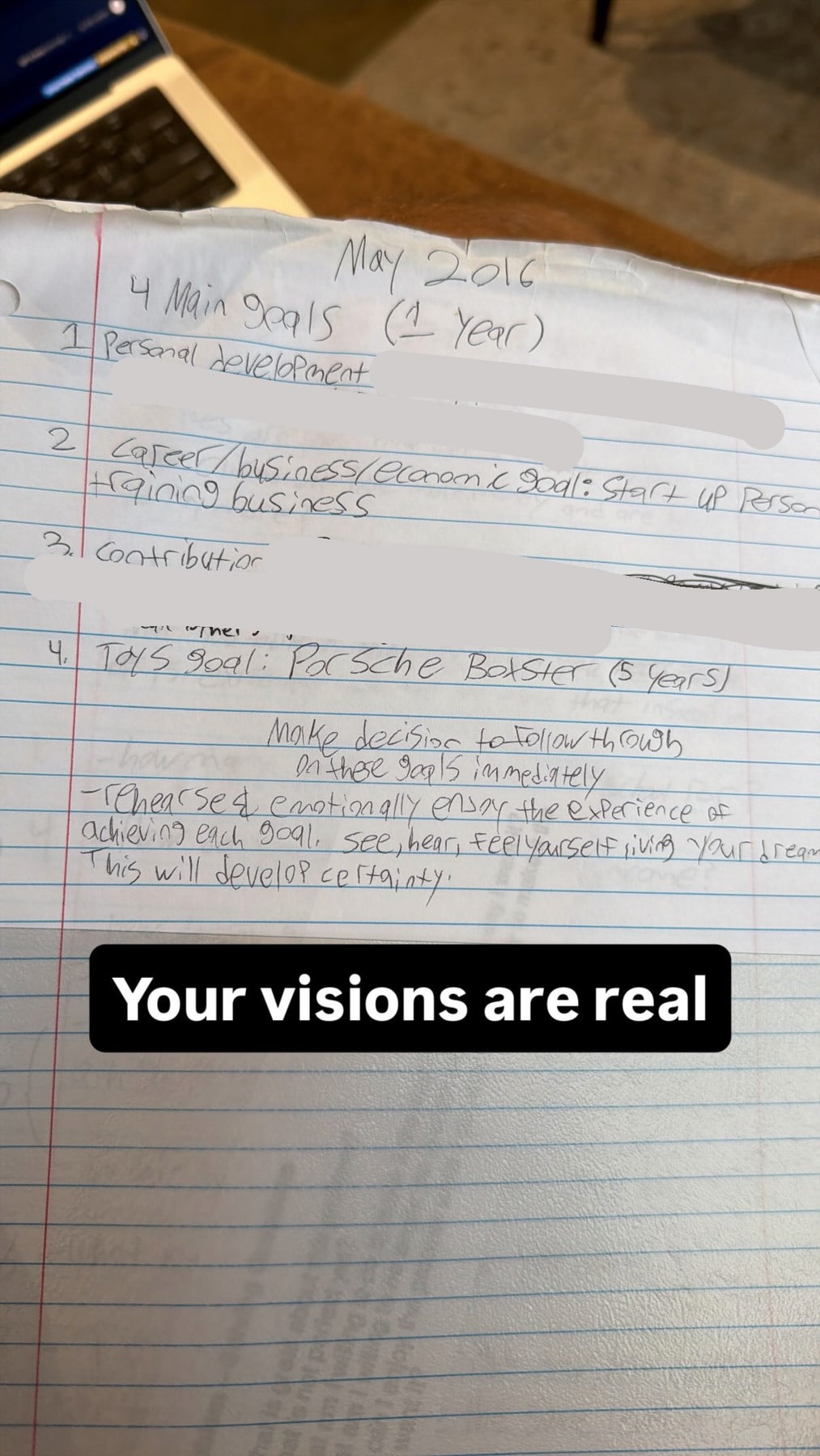 A handwritten May 2016 list of goals, with selected lines covered and the words Your visions are real overlaid.