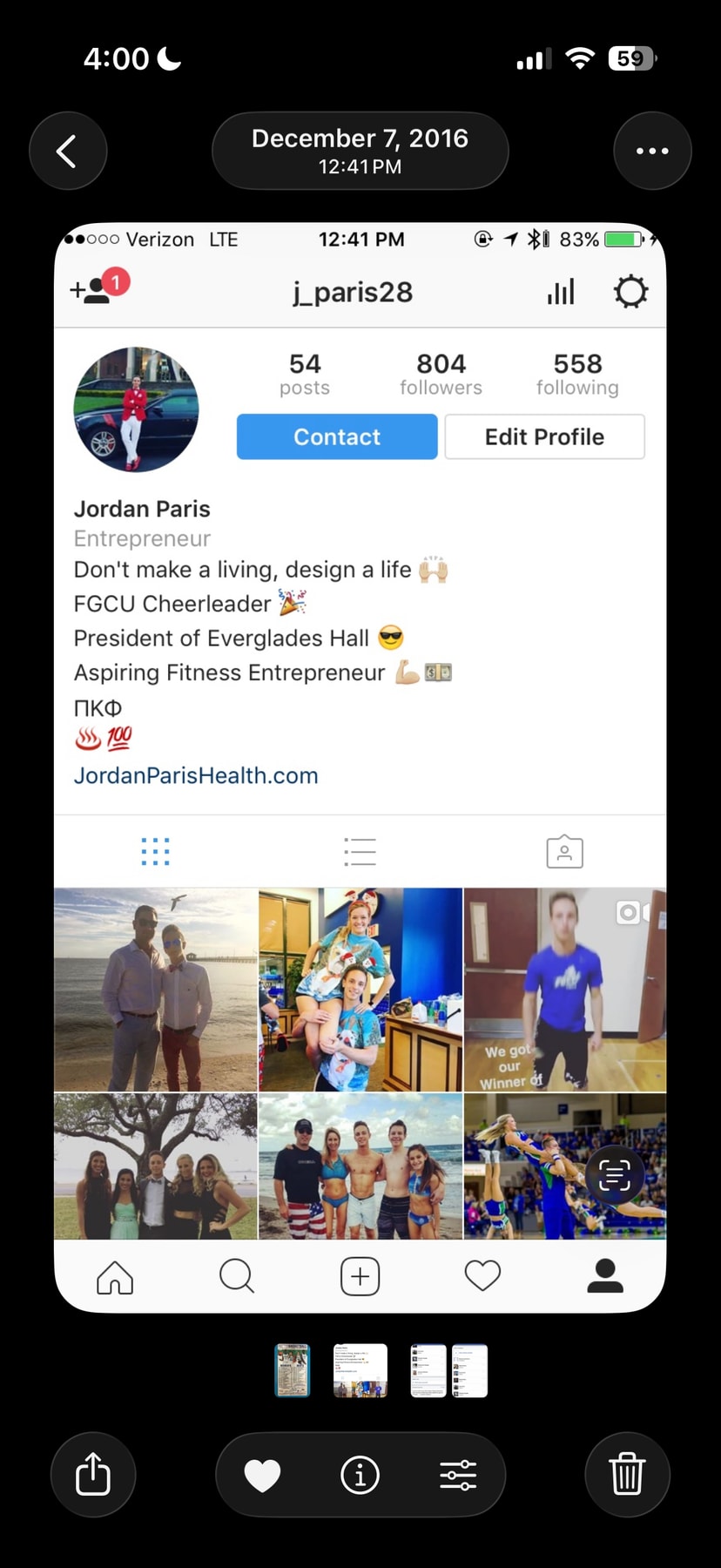 A phone screenshot looking back at Jordan's Instagram profile on December 7, 2016.